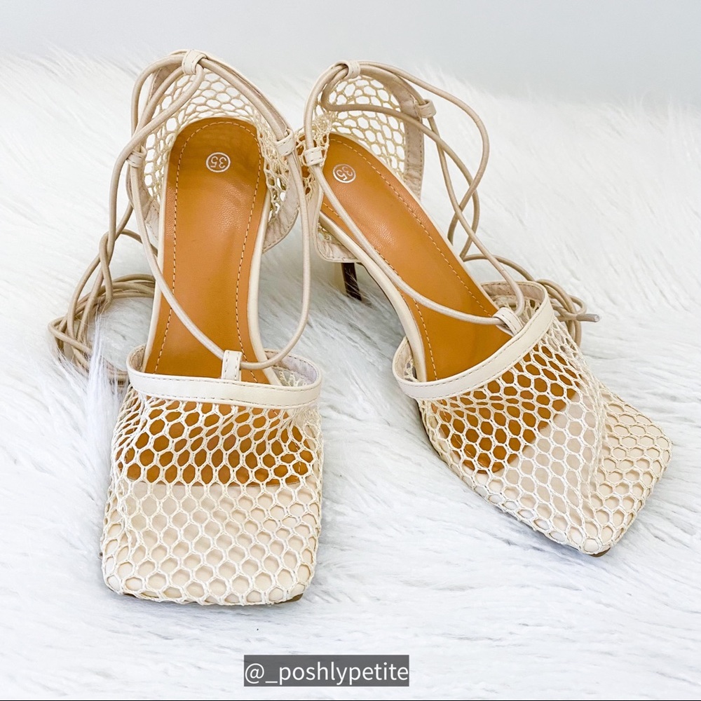 Nude  mesh stretch square toe lace up heel leather pumps size 5 more like 5.5